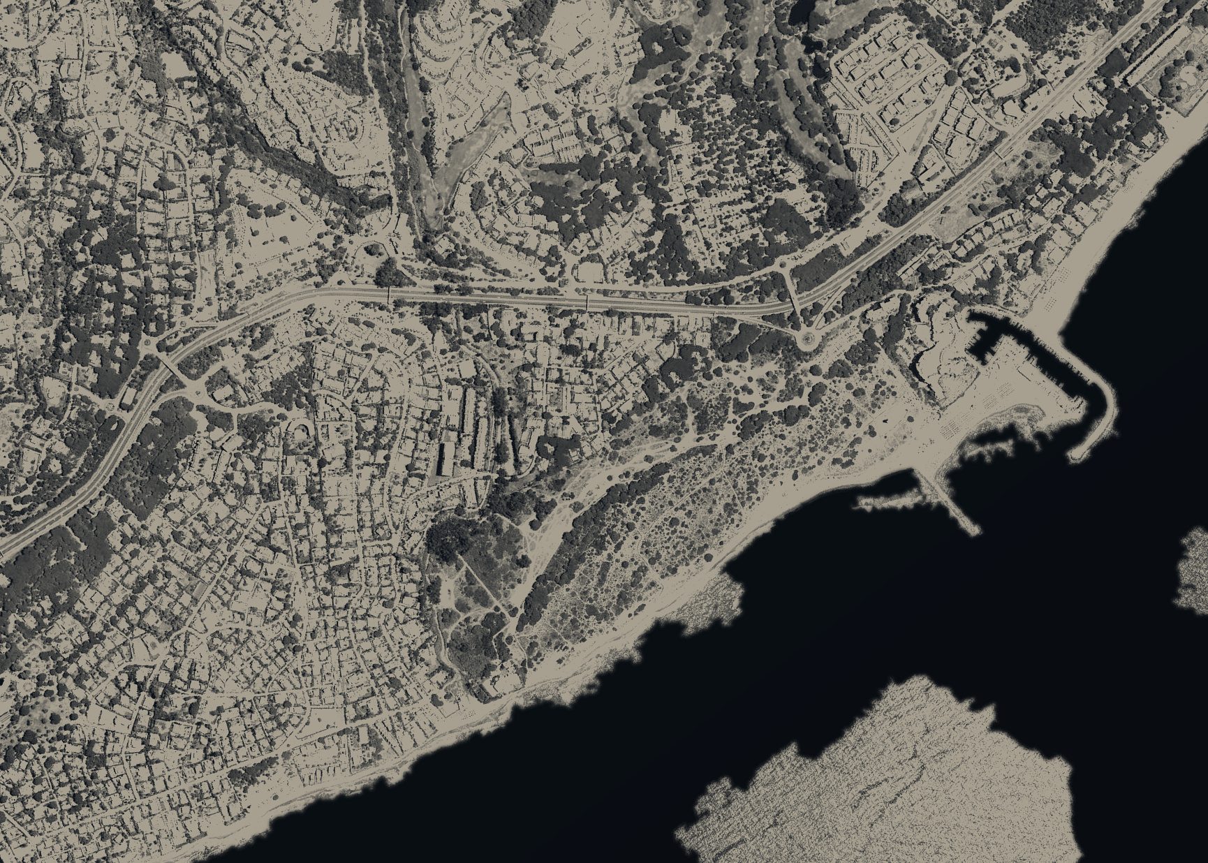 Aerial map of Cabopino, the Artola dunes and the eastern end of Marbella, with numbered places