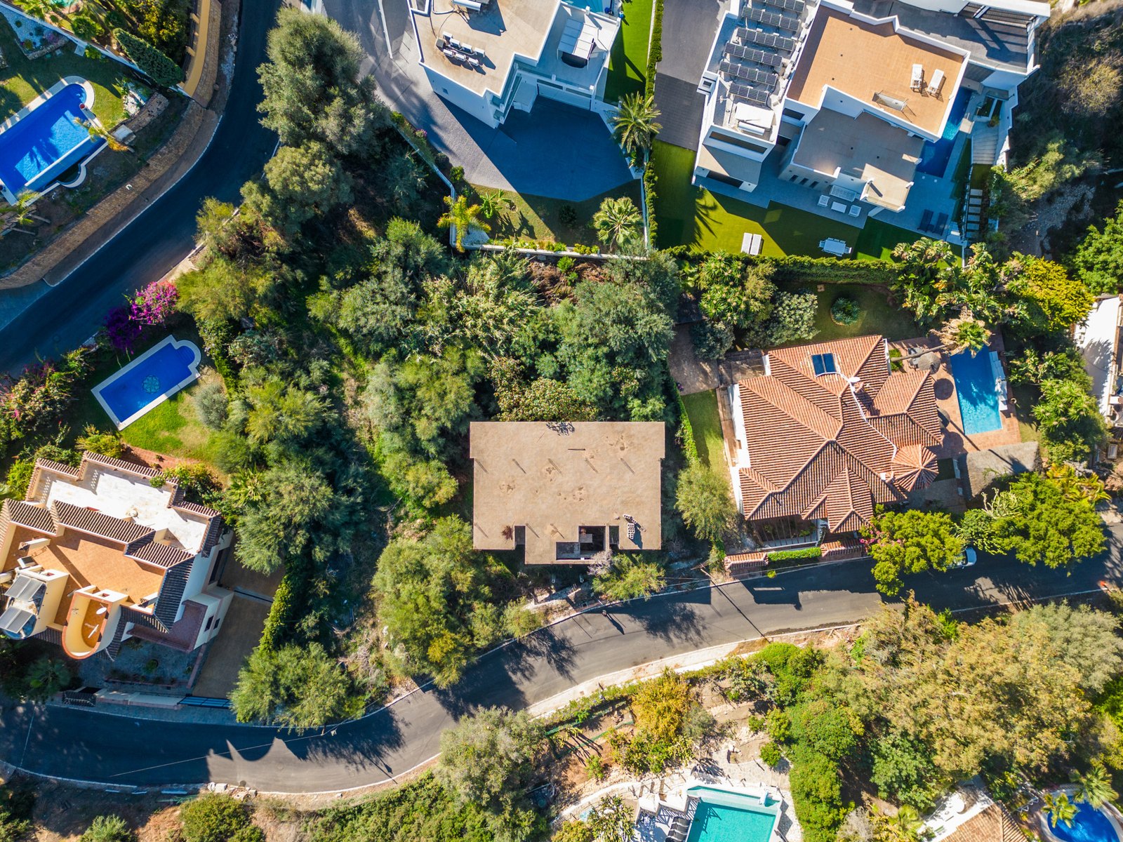 The El Rosario estate from above, individual houses on their own plots among mature gardens