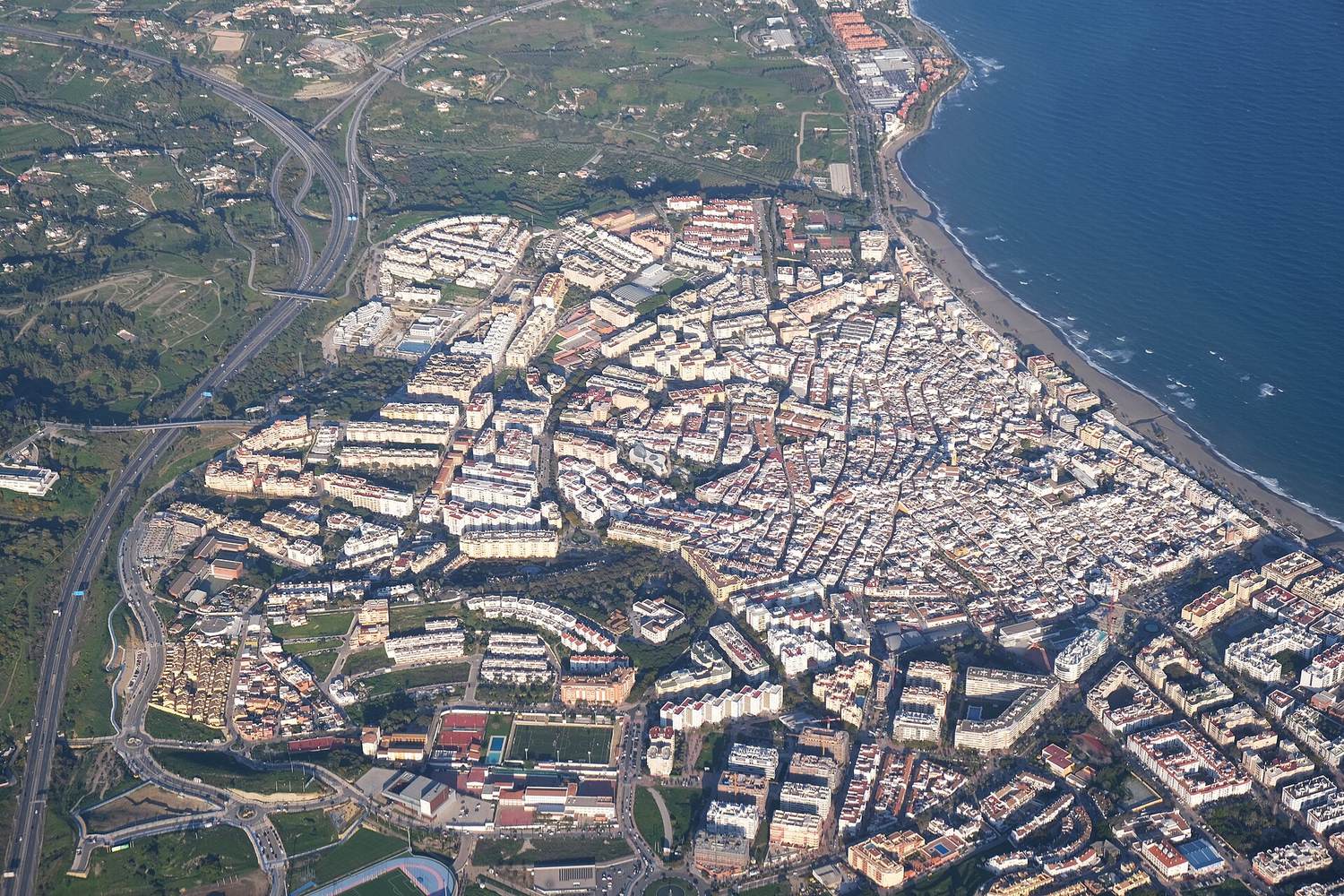 Aerial view of the dense town centre of Estepona where most Estepona IBI receipts are issued