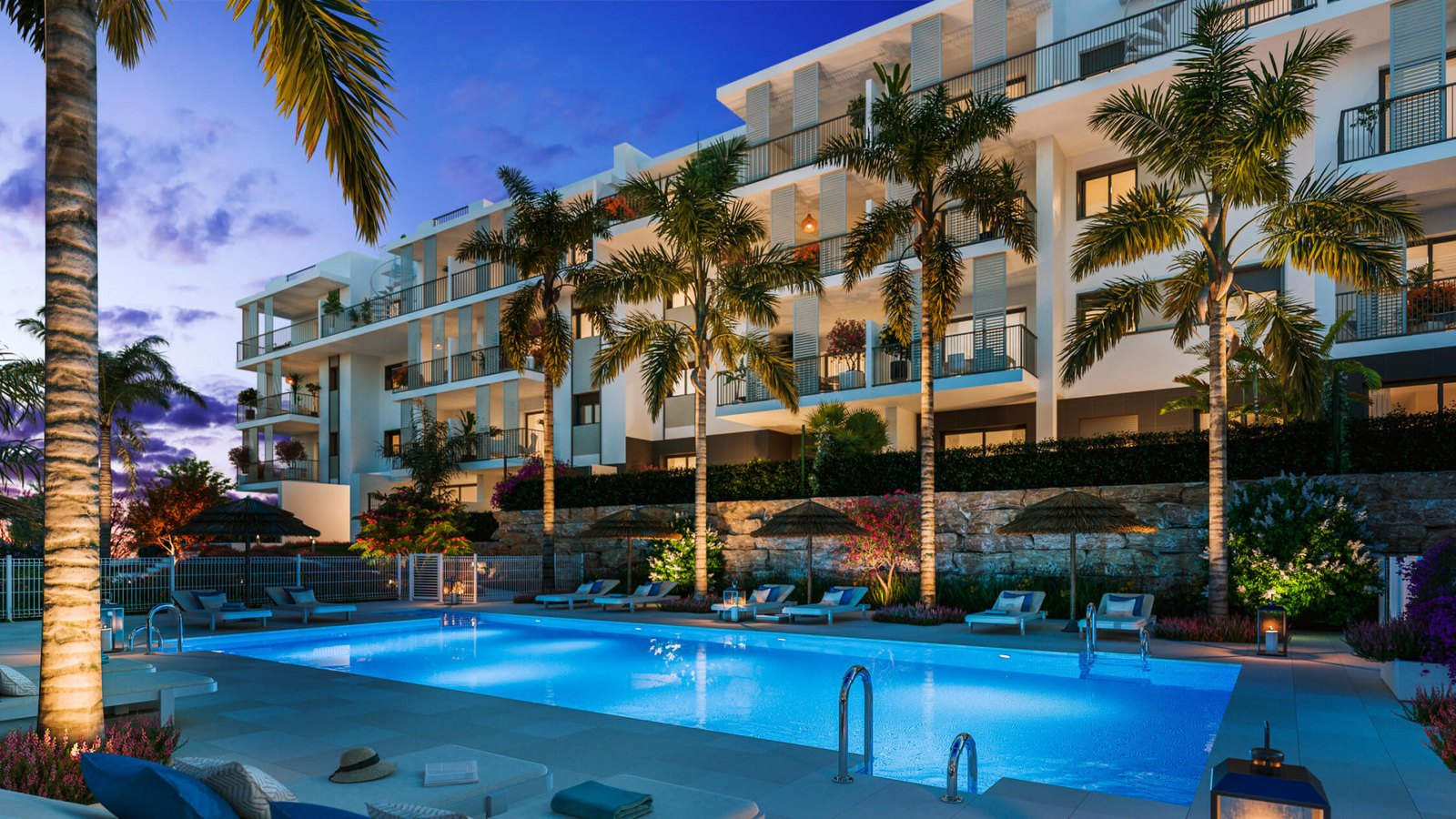 A shared pool between apartment blocks in Estepona town