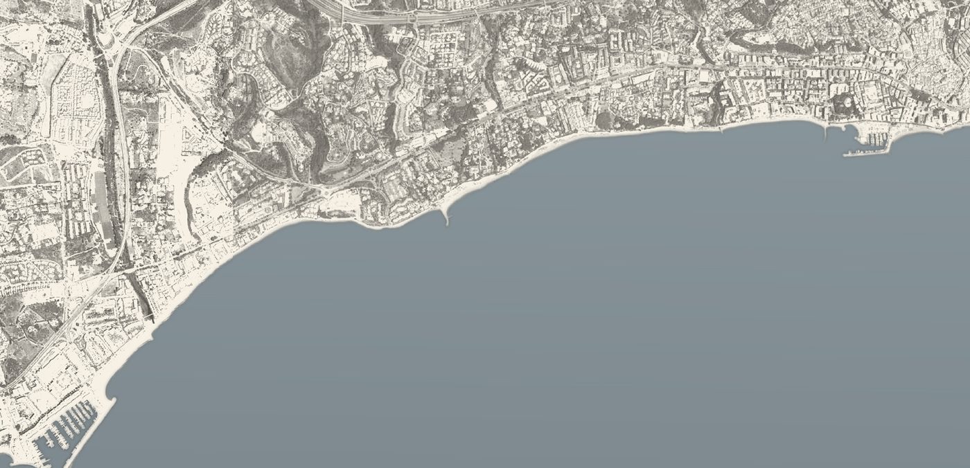 The same frame of the Golden Mile coast today, built out