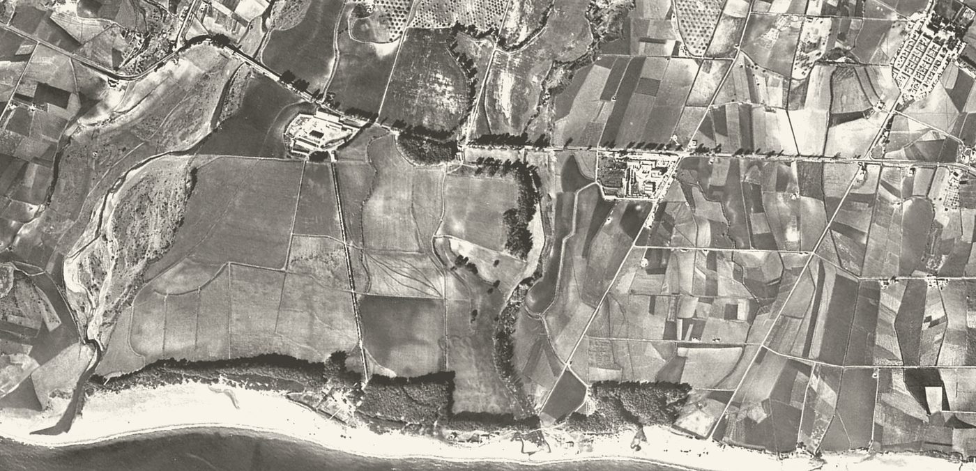 The Guadalmina coast in 1956, irrigated farmland and the river mouth