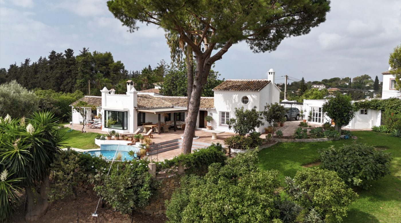 A white Andalusian villa in Guadalmina Alta under an umbrella pine, with its pool and garden