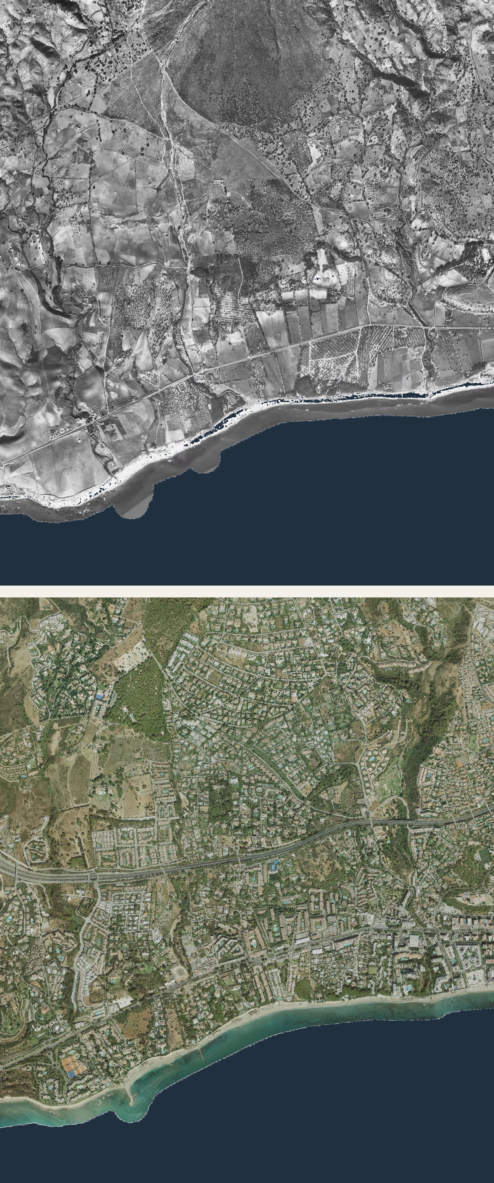 The Golden Mile and Nagüeles, 1956 above and 2020 below. Orthophotos: SITMA, Ayuntamiento de Marbella