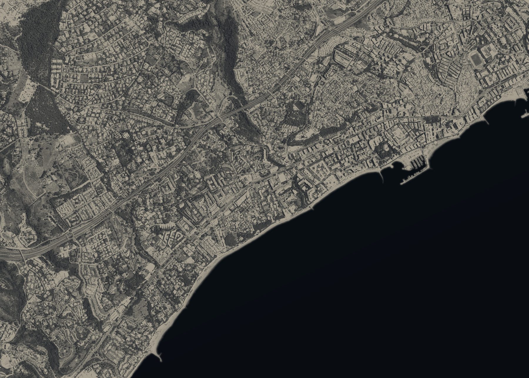 Aerial map of La Carolina between the A-7 and the Golden Mile boulevard in Marbella, with numbered places