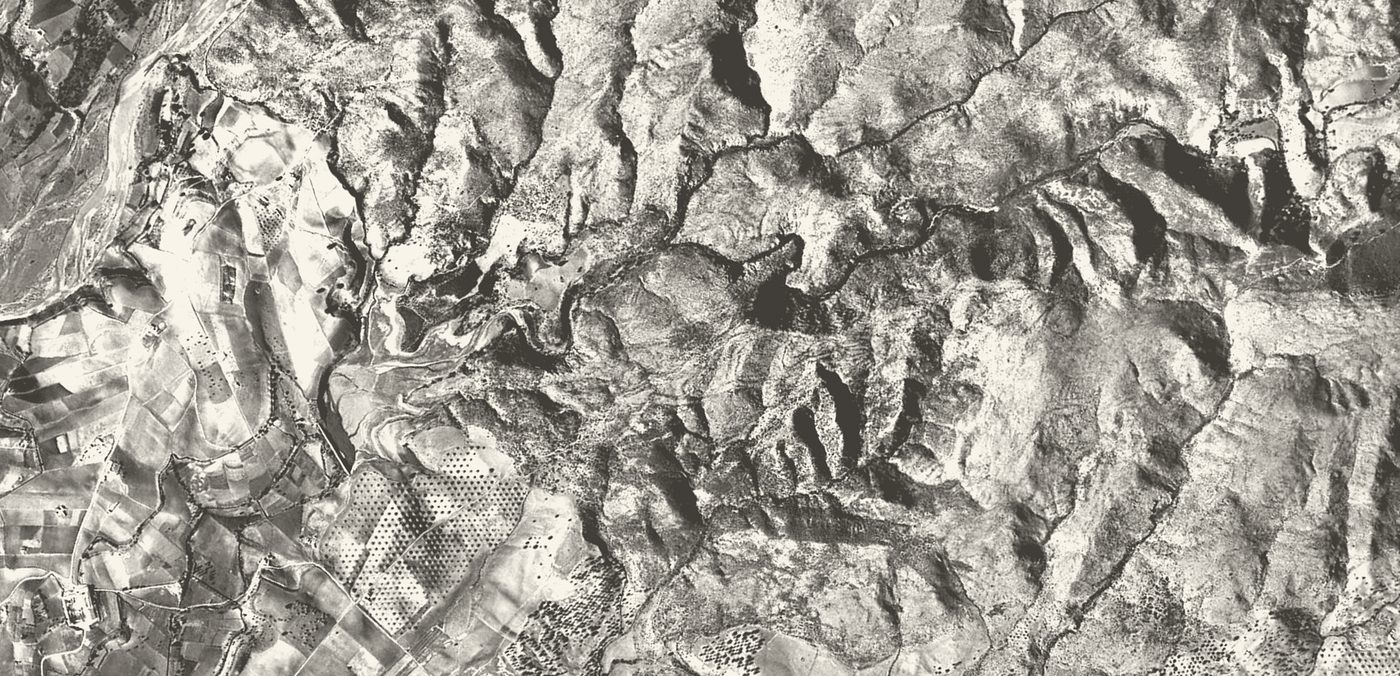 The Los Flamingos hillside in 1956, field boundaries and the line of the arroyo