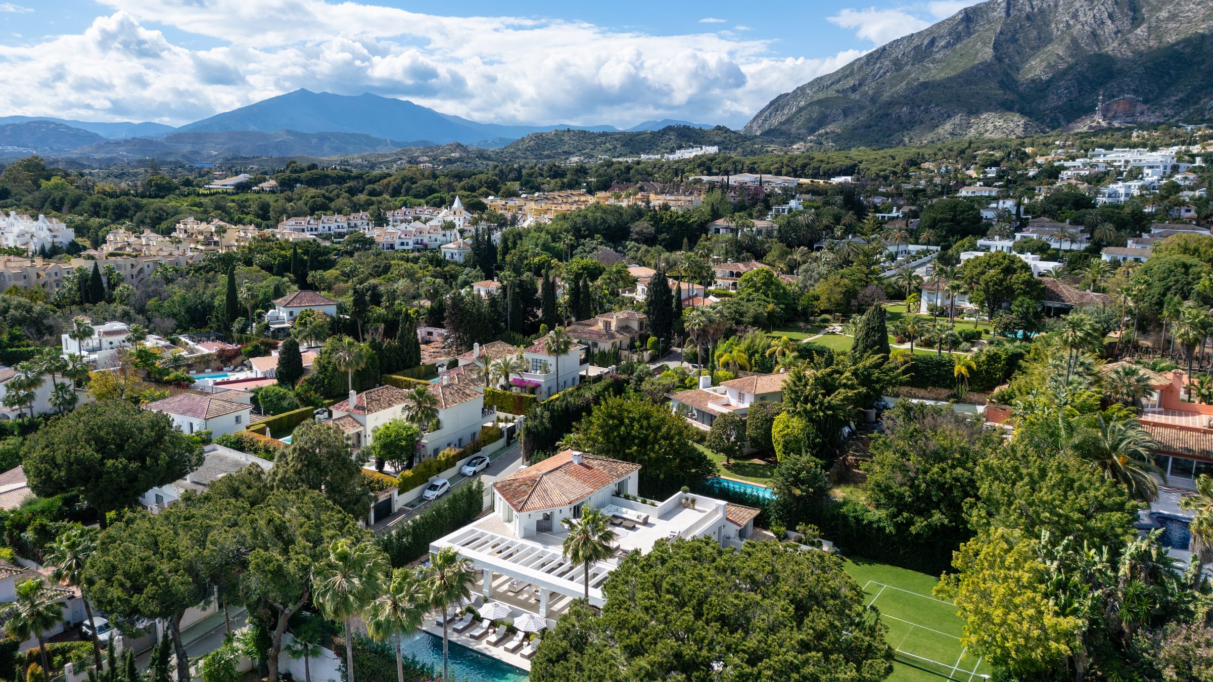 Guide to Marbella, an aerial view over villas and gardens with the limestone wall of La Concha and the Sierra Blanca ridge rising behind them