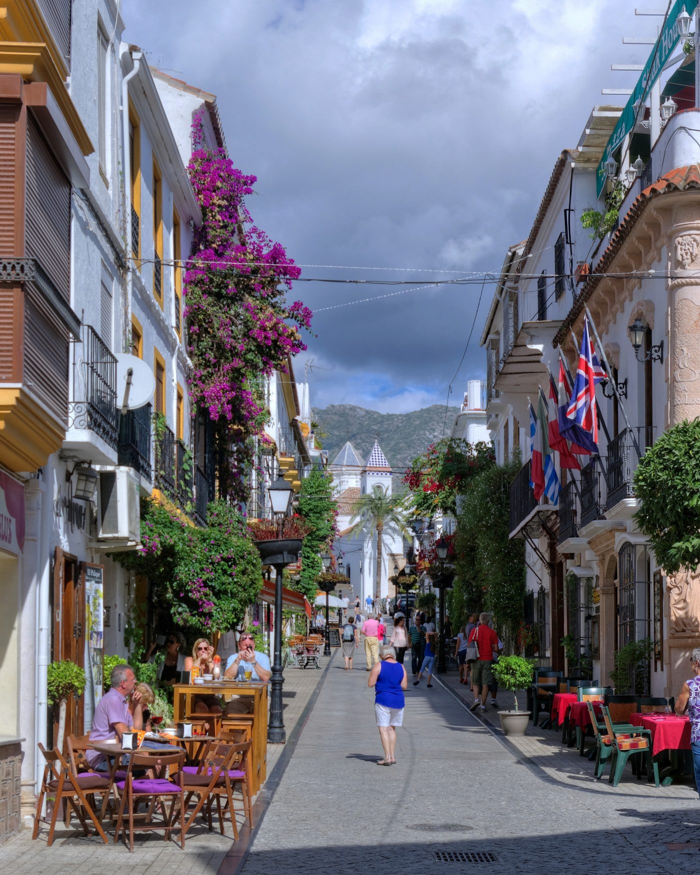 Balconies and bougainvillea on the house fronts of Calle Ancha, Marbella Old Town