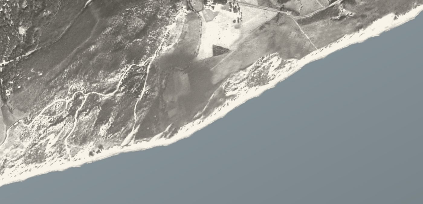 The Marbesa coast in 1956, field boundaries, pine and the dune line