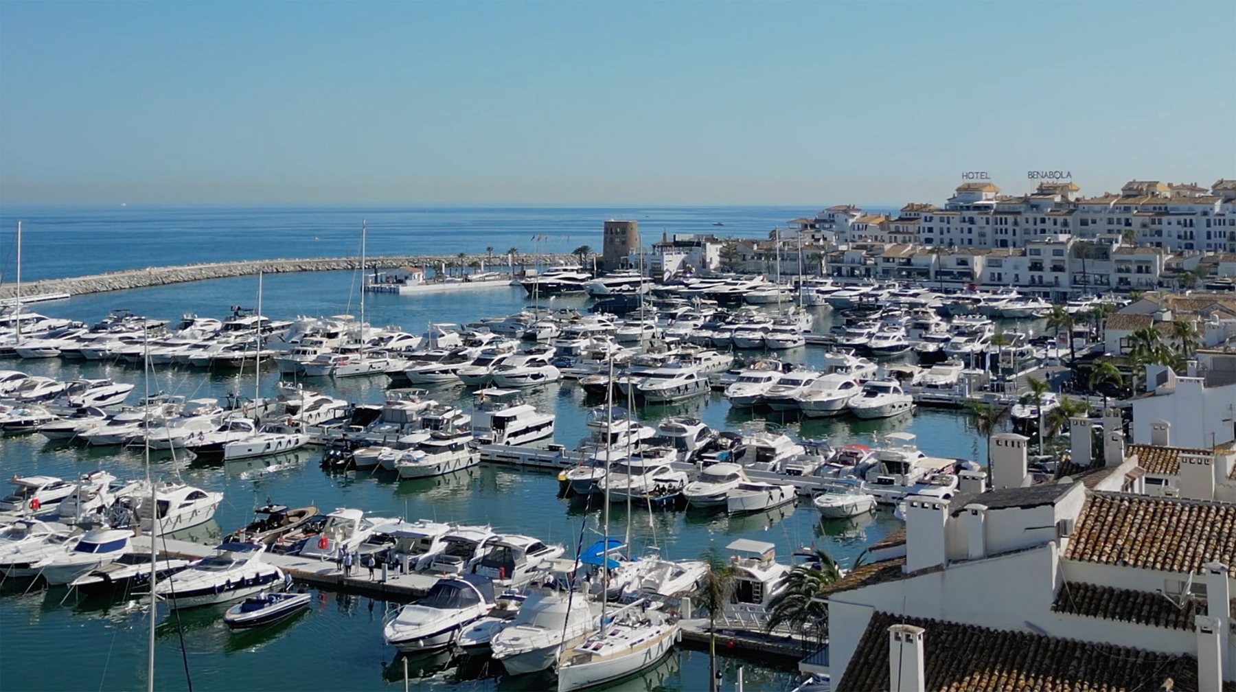 The marina at Puerto Banús, Marbella, full of yachts, the town behind