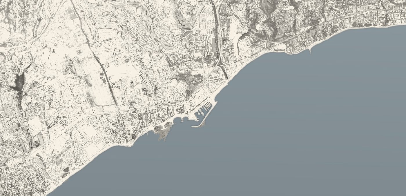 The same frame of coast today, with the harbour in it