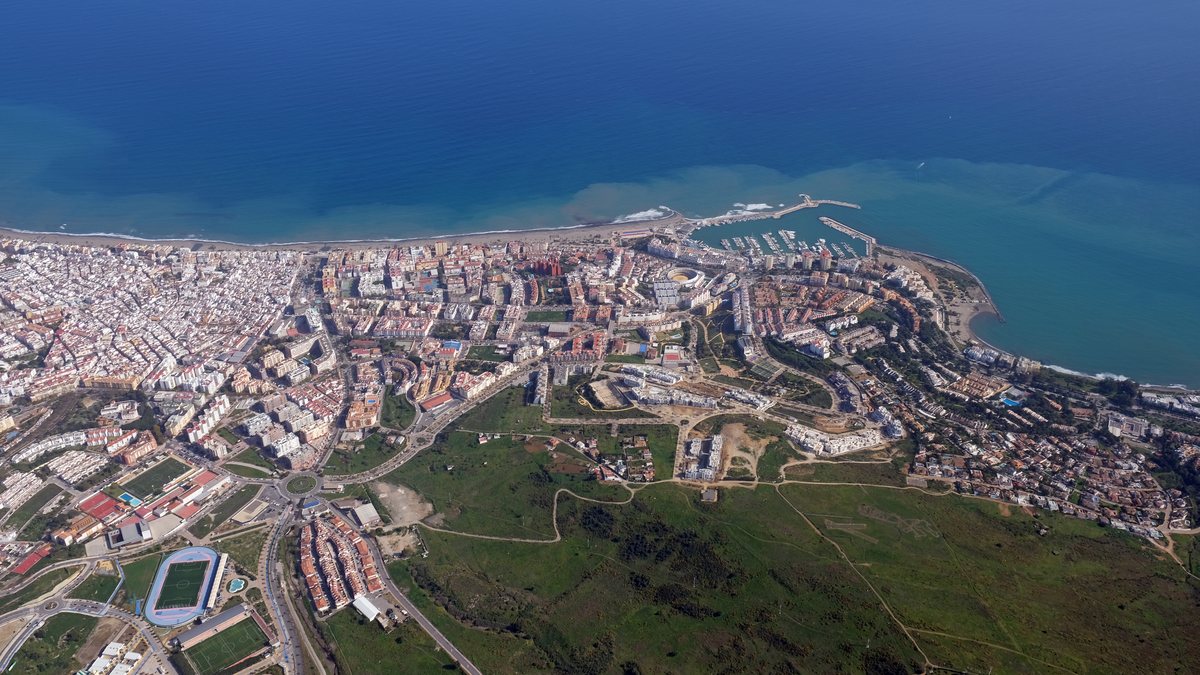 Aerial view over Estepona, finish town of the La Vuelta Estepona stage
