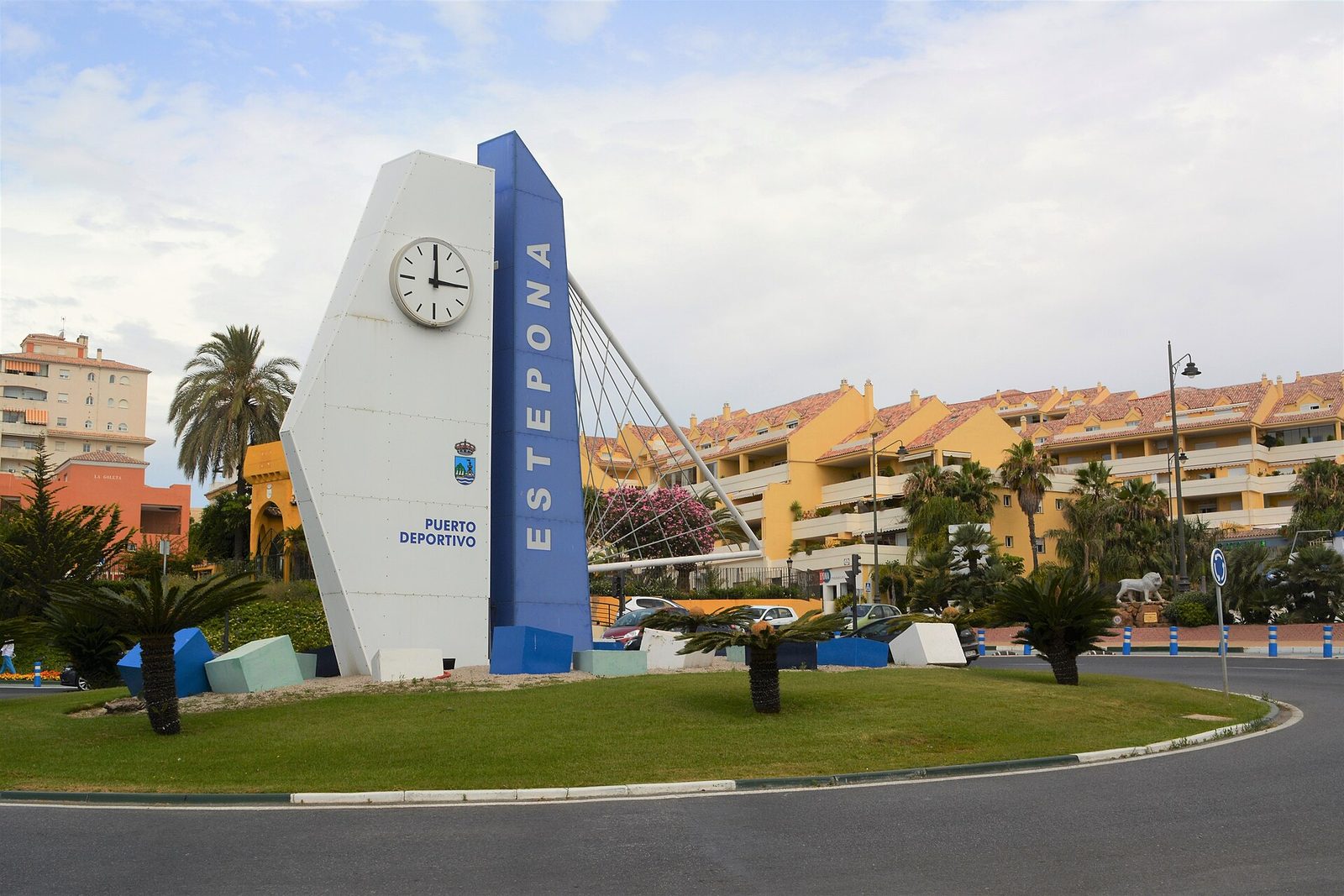 Puerto Deportivo sign and roundabout monument marking the entrance to Estepona port