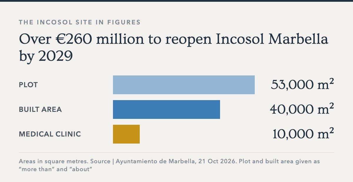 Chart of the Incosol Marbella site, plot, built area and clinic in square metres