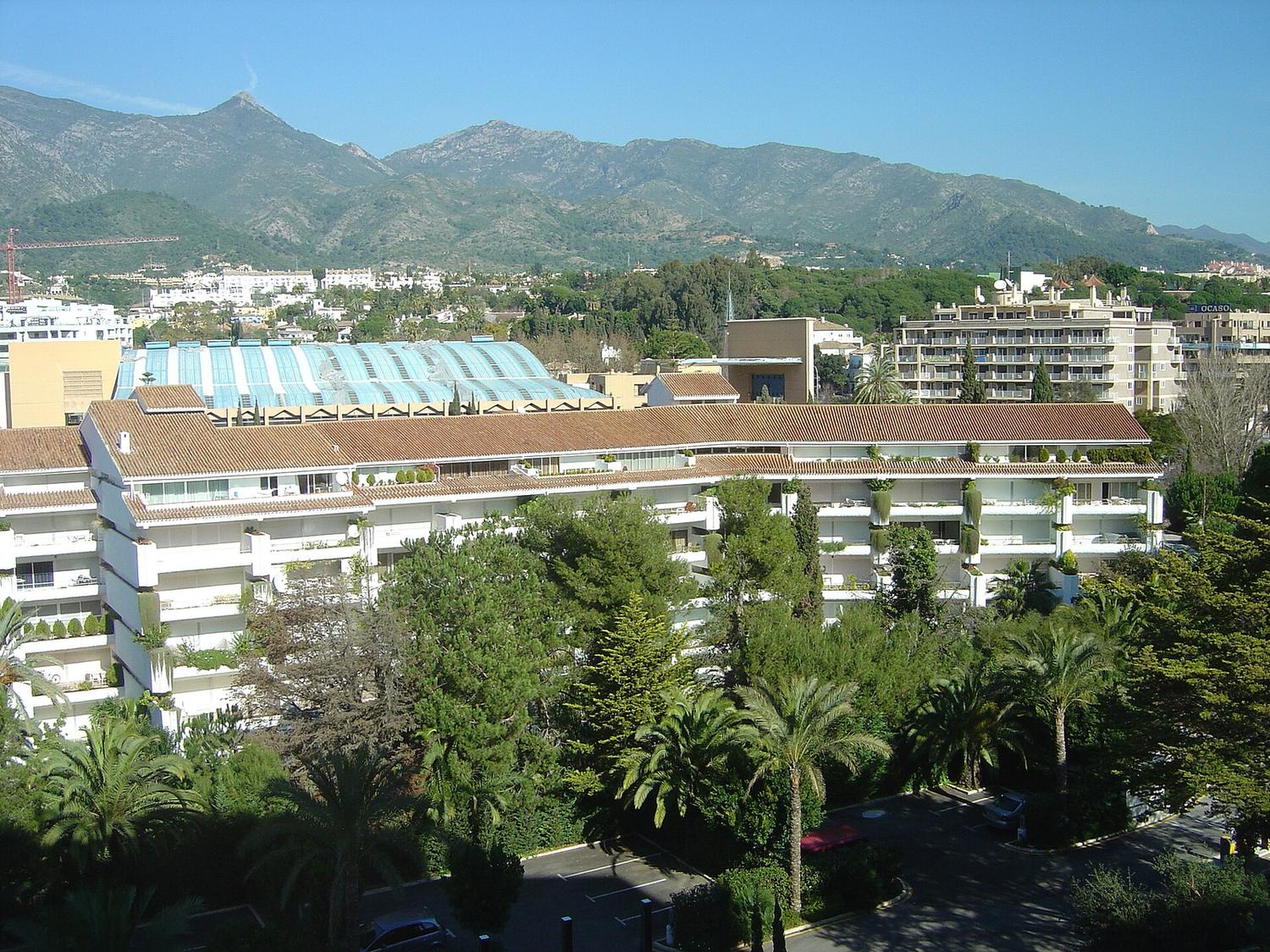 Rooftops and apartment blocks in Marbella with the Sierra Blanca mountains behind